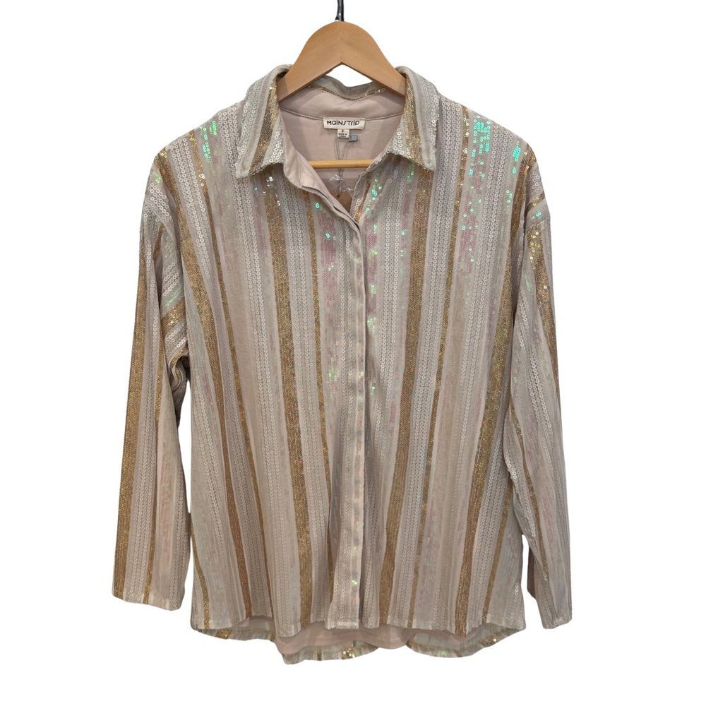 Main Strip The Way It Is Sequin Stripe Button Down Shirt Top Womens S NWT $64.95